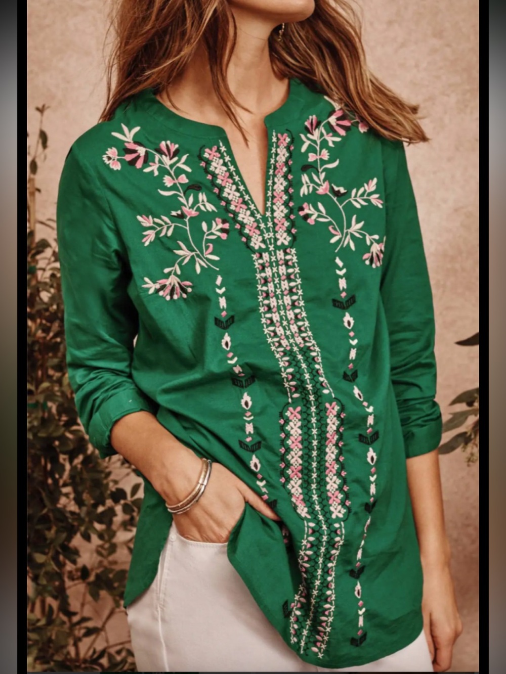 J Jill size M emerald green embroidered cotton split-neck tunic blouse